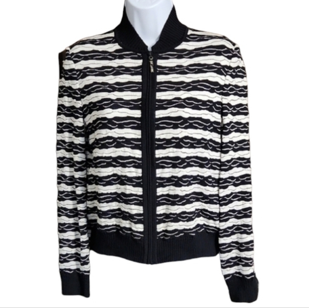 St John Black and White Striped Women's Zip Front Cardigan Jacket